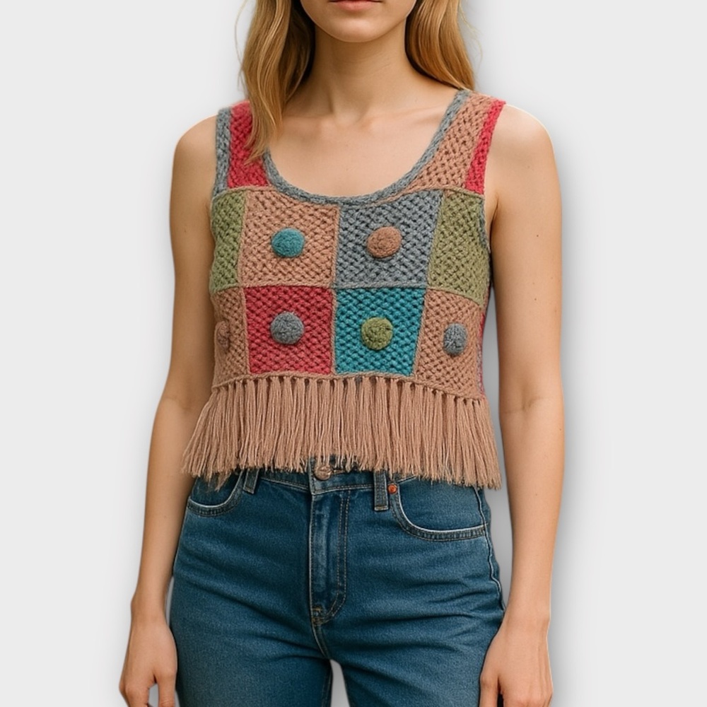 POL Colorful Patchwork Fringe Tank Top
